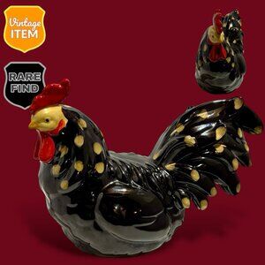 Black Spotted Rooster Sculpture Statue Farmhouse Ceramic Display Decor. RARE!